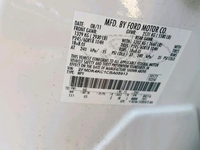 2FMDK4KC1CBA05913 - 2012 FORD EDGE LIMIT WHITE photo 10