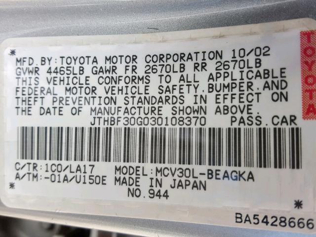 JTHBF30G030108370 - 2003 LEXUS ES 300 SILVER photo 10