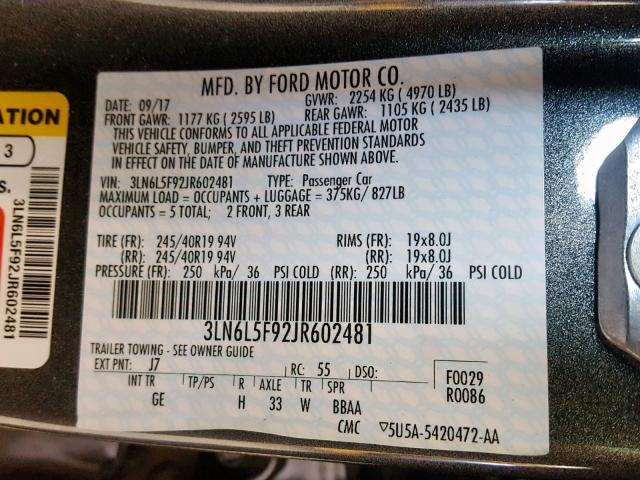 3LN6L5F92JR602481 - 2018 LINCOLN MKZ RESERV ნაცრისფერი ფოტო 10