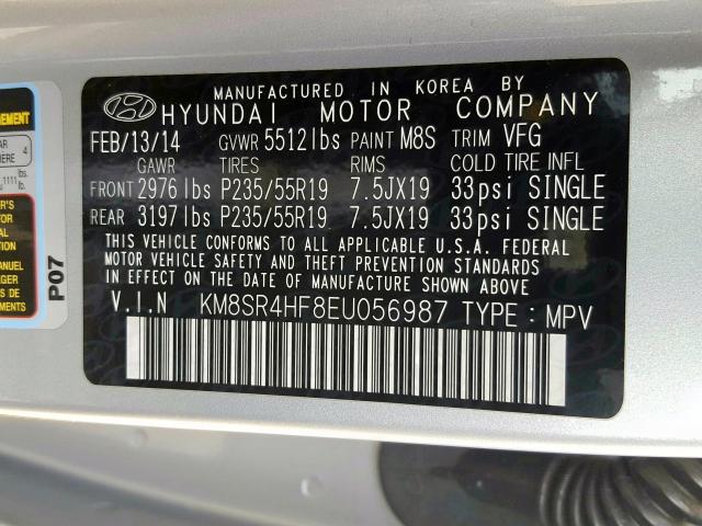 KM8SR4HF8EU056987 - 2014 HYUNDAI SANTA FE GLS  photo 10