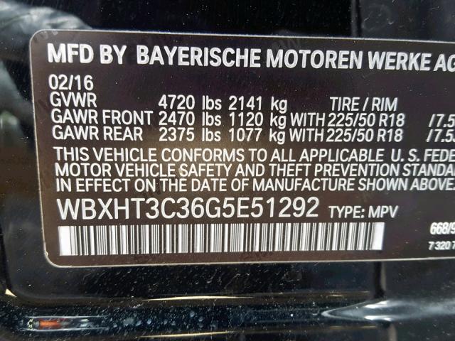 WBXHT3C36G5E51292 - 2016 BMW X1 XDRIVE2 BLACK photo 10