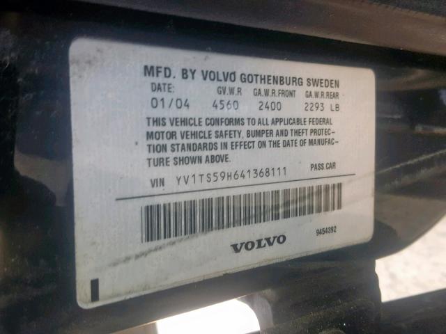 YV1TS59H641368111 - 2004 VOLVO S80 2.5T BLACK photo 10