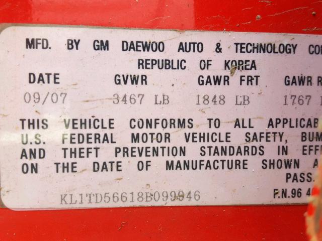 KL1TD56618B099946 - 2008 CHEVROLET AVEO BASE Қызыл фото 10