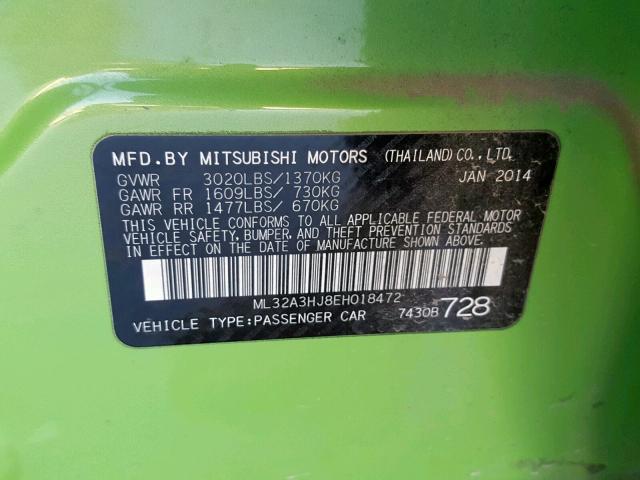 ML32A3HJ8EH018472 - 2014 MITSUBISHI MIRAGE DE GREEN photo 10