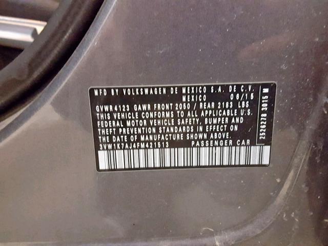 3VW1K7AJ4FM421513 - 2015 VOLKSWAGEN JETTA BASE GRAY photo 10