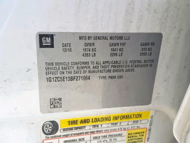 1G1ZC5E13BF271964 - 2011 CHEVROLET MALIBU 1LT 白色 照片 10