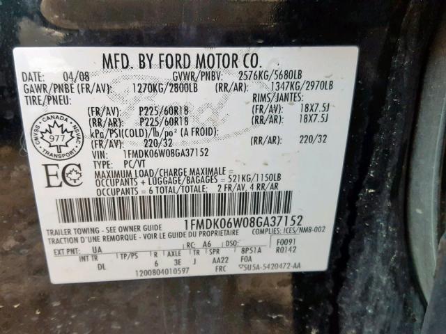 1FMDK06W08GA37152 - 2008 FORD TAURUS X L BLACK photo 10