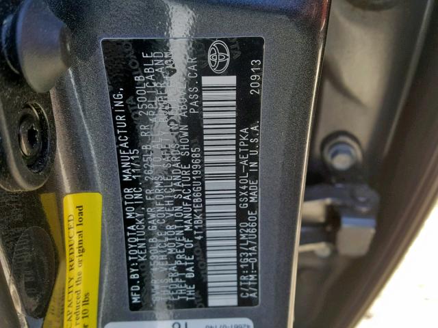 4T1BK1EB6GU199685 - 2016 TOYOTA AVALON XLE CHARCOAL photo 10