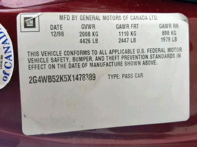 2G4WB52K5X1478389 - 1999 BUICK REGAL LS BURGUNDY photo 10