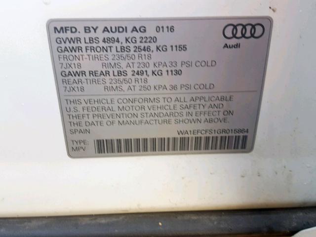 WA1EFCFS1GR015864 - 2016 AUDI Q3 PREMIUM WHITE photo 10