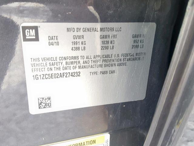 1G1ZC5E02AF274232 - 2010 CHEVROLET MALIBU 1LT გრაფიტი ფოტო 10