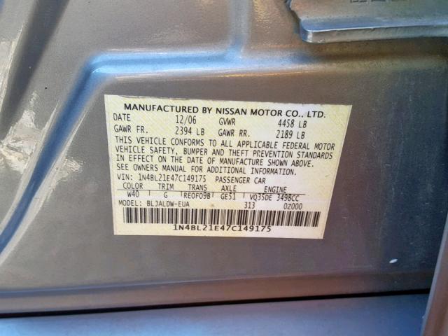 1N4BL21E47C149175 - 2007 NISSAN ALTIMA 3.5 GRAY photo 10