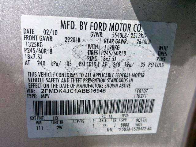 2FMDK4JC1ABB16945 - 2010 FORD EDGE SEL SILVER photo 10