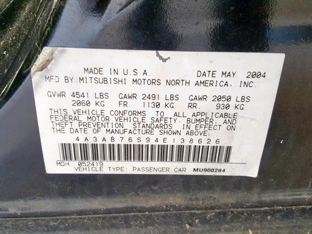 4A3AB76S94E138626 - 2004 MITSUBISHI GALANT GTS BLACK photo 10