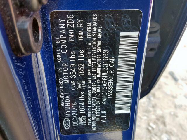 KMHCT5AE6HU331693 - 2017 HYUNDAI ACCENT SE BLUE photo 10