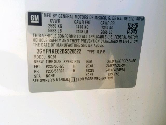 3GYFNKE62BS528522 - 2011 CADILLAC SRX PREMIU WHITE photo 10