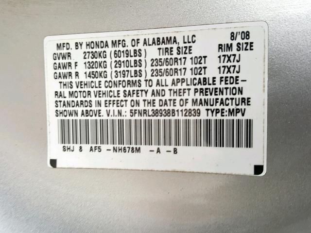 5FNRL38938B112839 - 2008 HONDA ODYSSEY TO SILVER photo 10