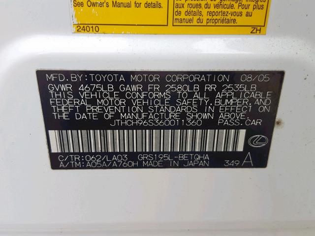 JTHCH96S360011360 - 2006 LEXUS GS 300 WHITE photo 10