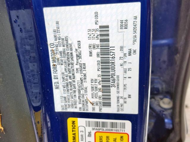 3FA6P0LU0DR165711 - 2013 FORD FUSION SE BLUE photo 10