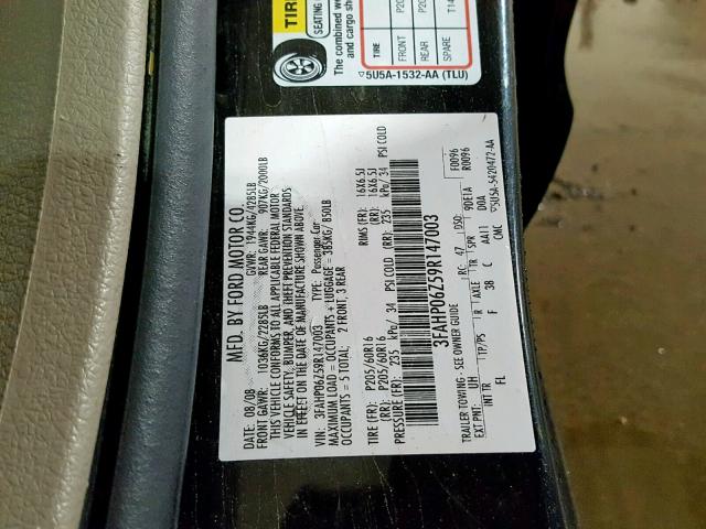 3FAHP06Z59R147003 - 2009 FORD FUSION S BLACK photo 10