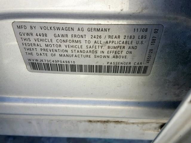 WVWJK73C49P049610 - 2009 VOLKSWAGEN PASSAT TUR SILVER photo 10