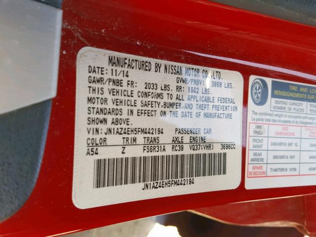 JN1AZ4EH5FM442194 - 2015 NISSAN 370Z BASE RED photo 10