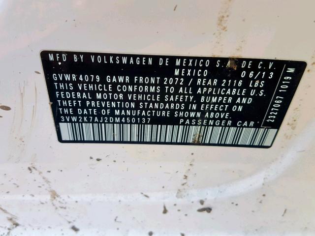 3VW2K7AJ2DM450137 - 2013 VOLKSWAGEN JETTA BASE WHITE photo 10