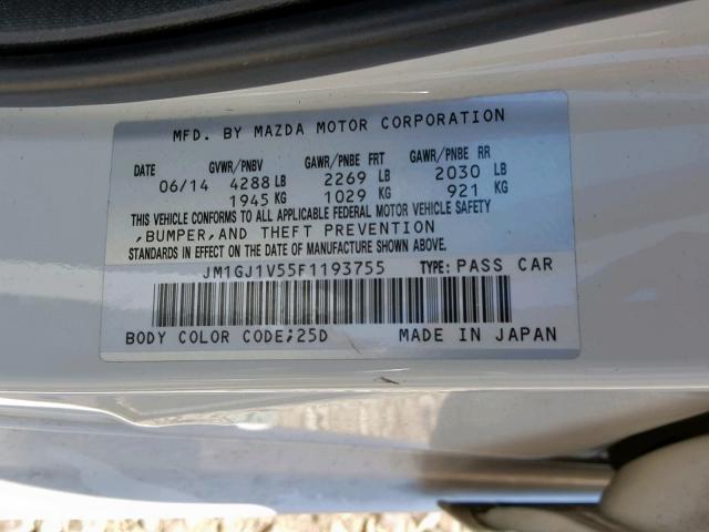 JM1GJ1V55F1193755 - 2015 MAZDA 6 TOURING WHITE photo 10