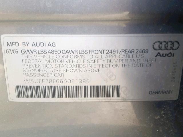 WAUEF78E66A051385 - 2006 AUDI A4 S-LINE GRAY photo 10