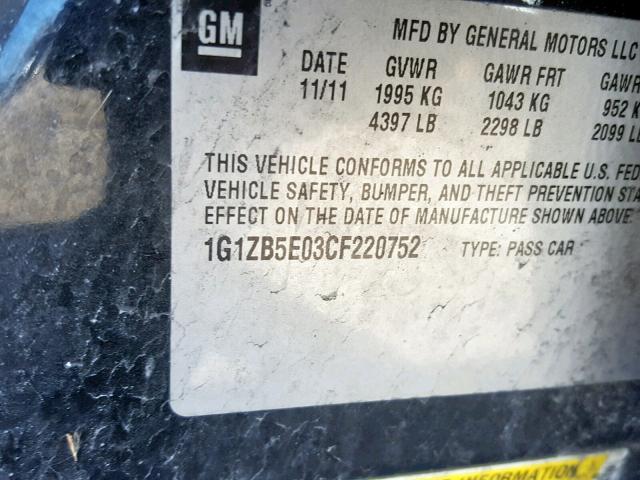 1G1ZB5E03CF220752 - 2012 CHEVROLET MALIBU LS BLACK photo 10