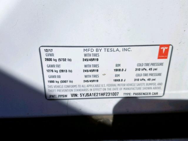 5YJSA1E21HF231007 - 2017 TESLA MODEL S Սպիտակ լուսանկար 10
