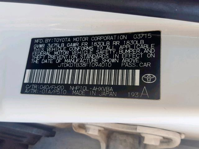 JTDKDTB38F1094010 - 2015 TOYOTA PRIUS C WHITE photo 10