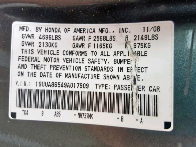 19UUA86549A017909 - 2009 ACURA TL GRAY photo 10