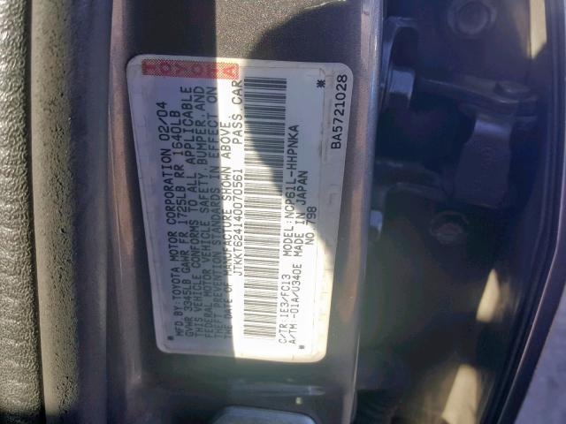 JTKKT624140070561 - 2004 TOYOTA SCION XA GRAY photo 10