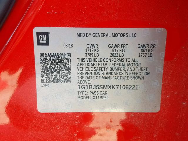 1G1BJ5SMXK7106221 - 2019 CHEVROLET CRUZE RED photo 10