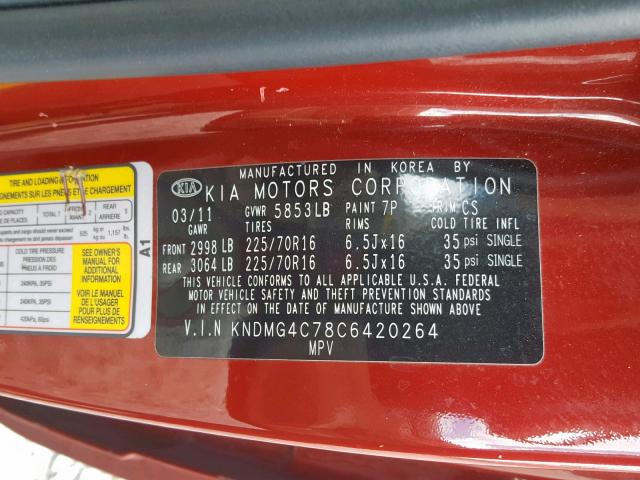 KNDMG4C78C6420264 - 2012 KIA SEDONA LX RED photo 10