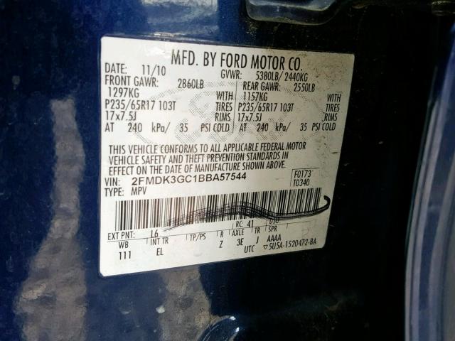 2FMDK3GC1BBA57544 - 2011 FORD EDGE SE BLUE photo 10