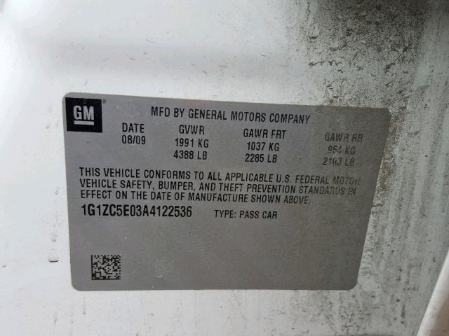 1G1ZC5E03A4122536 - 2010 CHEVROLET MALIBU 1LT 白色 照片 10