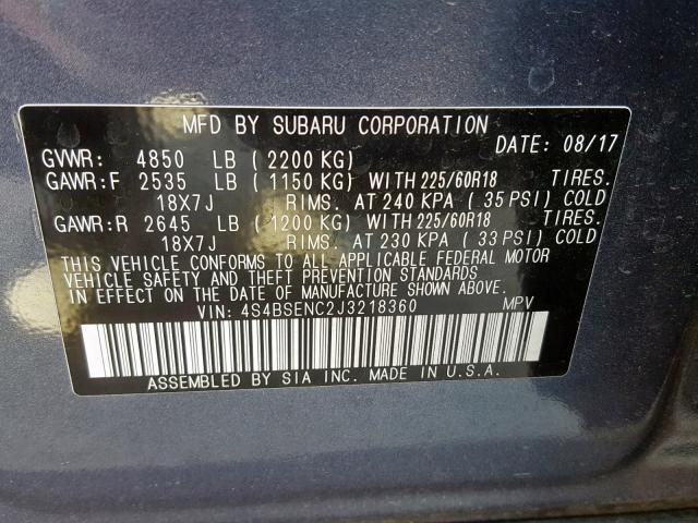 4S4BSENC2J3218360 - 2018 SUBARU OUTBACK 3. BLUE photo 10