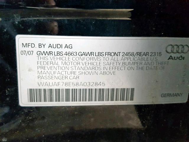 WAUAF78E58A032845 - 2008 AUDI A4 2.0T BLACK photo 10