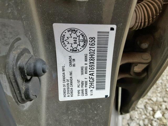 2HGFA169X8H021658 - 2008 HONDA CIVIC EXL Boz foto 10