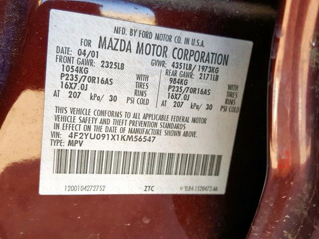 4F2YU091X1KM56547 - 2001 MAZDA TRIBUTE LX BURGUNDY photo 10