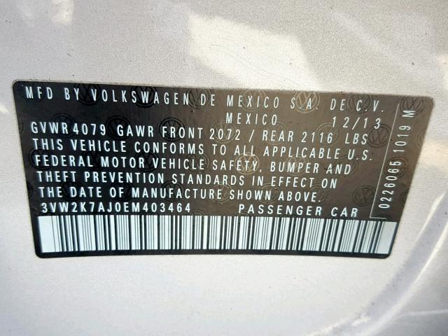 3VW2K7AJ0EM403464 - 2014 VOLKSWAGEN JETTA BASE SILVER photo 10