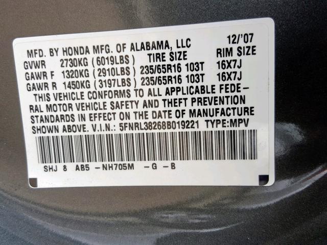 5FNRL38268B019221 - 2008 HONDA ODYSSEY LX GRAY photo 10