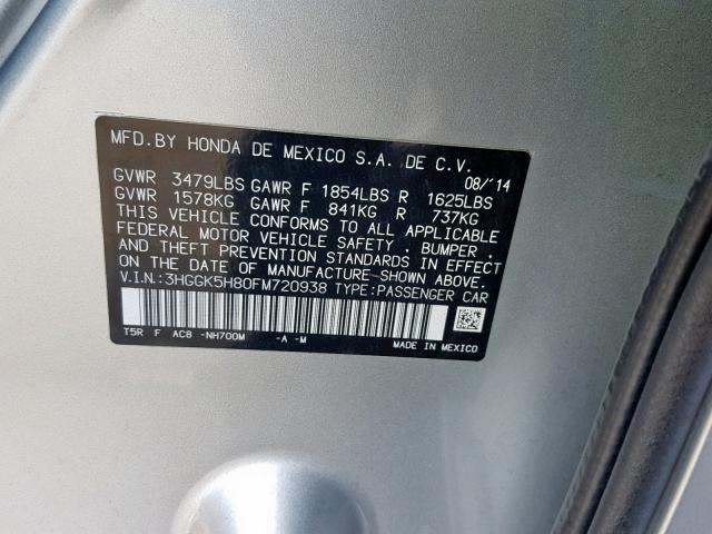 3HGGK5H80FM720938 - 2015 HONDA FIT EX SILVER photo 10