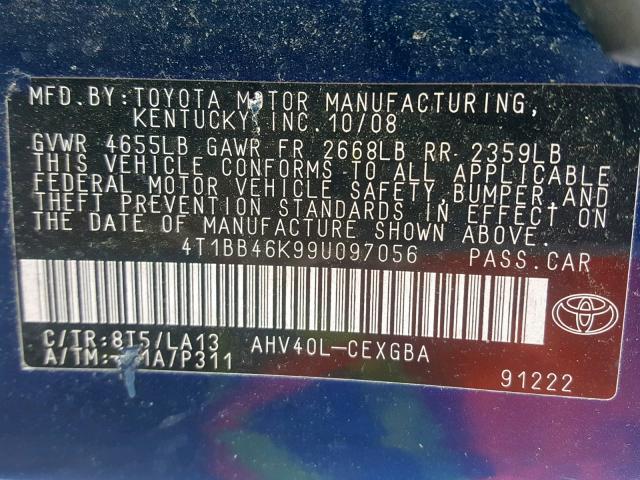 4T1BB46K99U097056 - 2009 TOYOTA CAMRY HYBR BLUE photo 10