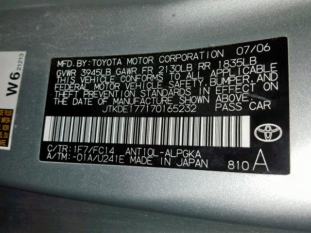 JTKDE177170165232 - 2007 TOYOTA SCION TC SILVER photo 10