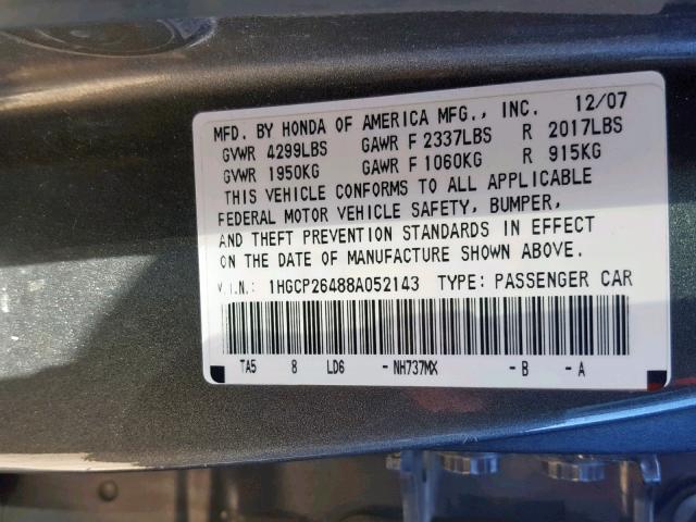 1HGCP26488A052143 - 2008 HONDA ACCORD LXP GRAY photo 10