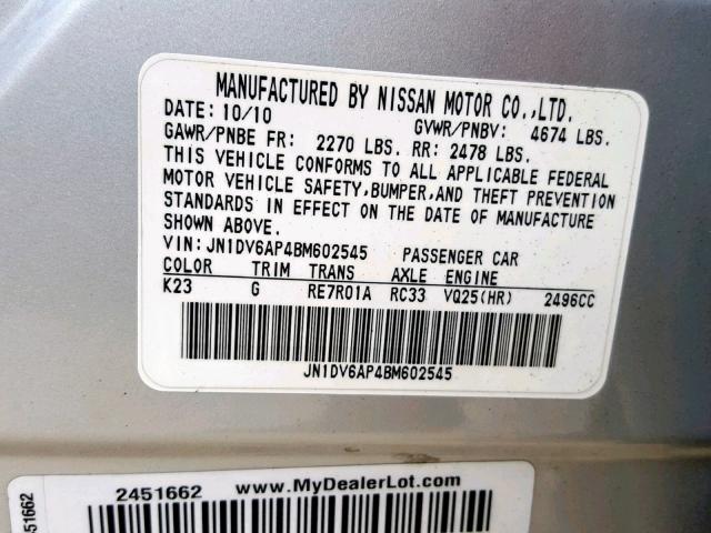 JN1DV6AP4BM602545 - 2011 INFINITI G25 BASE SILVER photo 10