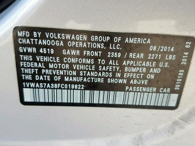 1VWAS7A38FC019822 - 2015 VOLKSWAGEN PASSAT S SILVER photo 10